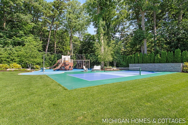 view of basketball court featuring a playground, tennis court, and a lawn