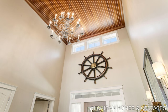 interior details with a notable chandelier and wood ceiling