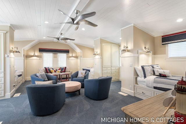 carpeted living room featuring crown molding, ceiling fan, lofted ceiling, and wooden ceiling