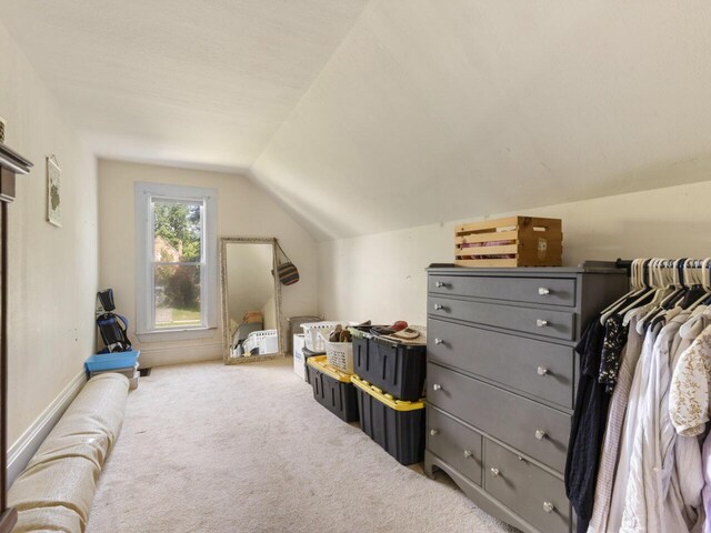 interior space featuring light colored carpet and vaulted ceiling