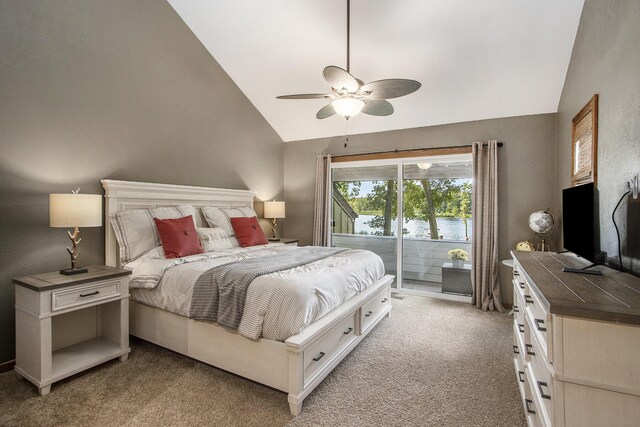 carpeted bedroom featuring lofted ceiling, access to outside, and ceiling fan