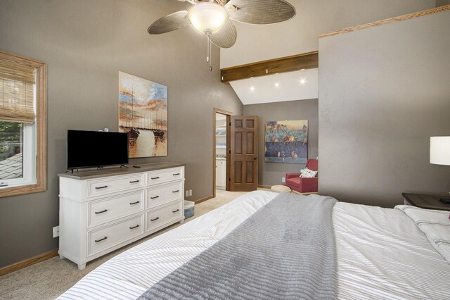 bedroom featuring ceiling fan, light carpet, and vaulted ceiling