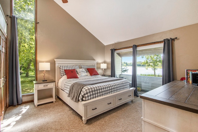 carpeted bedroom with access to exterior and high vaulted ceiling