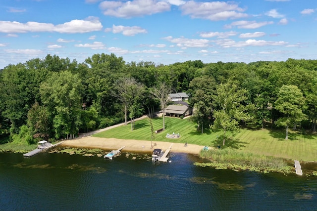 drone / aerial view with a water view