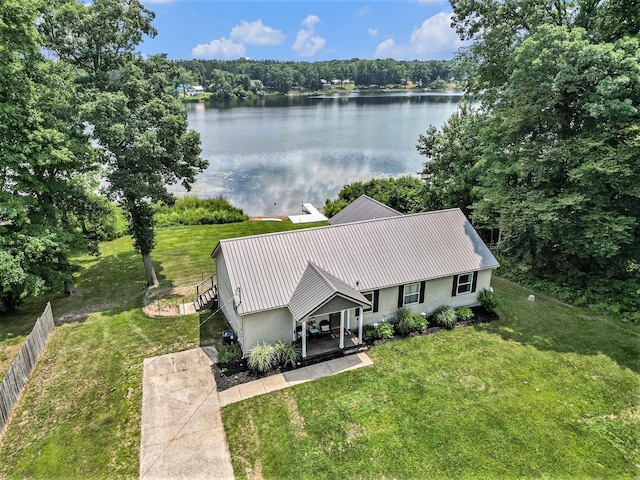 drone / aerial view featuring a water view