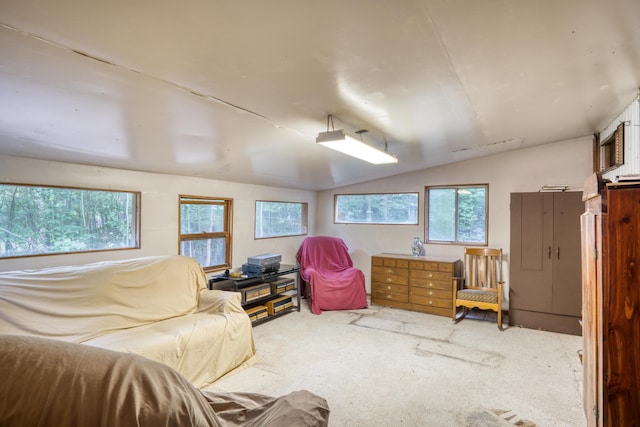 living area with light colored carpet and lofted ceiling