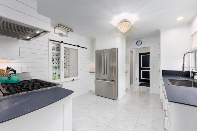 18760 Valencia St, Northville, MI 48168 - kitchen featuring ventilation hood, a sink, stainless steel fridge, marble finish floor, and dark countertops