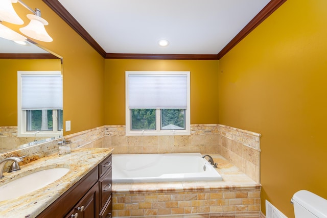 18760 Valencia St, Northville, MI 48168 - bathroom featuring vanity, crown molding, toilet, a garden tub, and visible vents