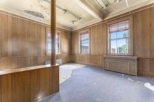 misc room featuring radiator and wood walls