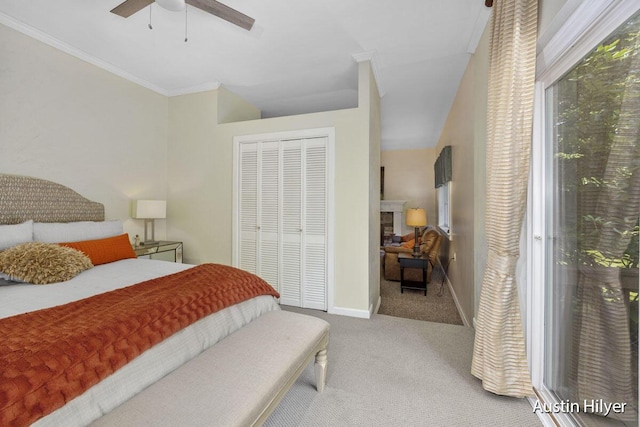 bedroom featuring crown molding, carpet floors, a closet, ceiling fan, and access to exterior