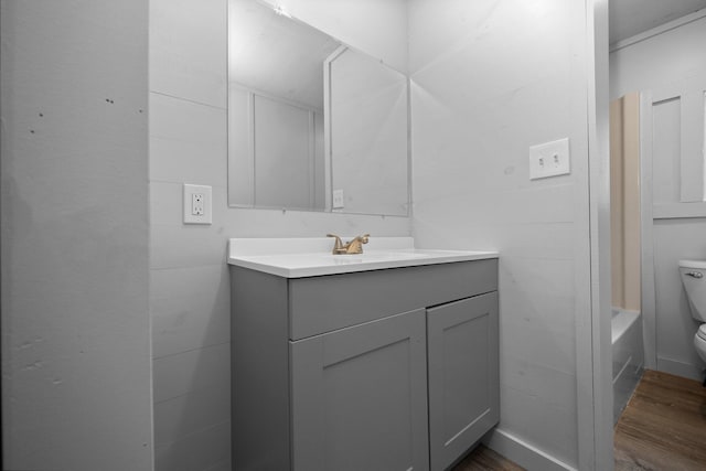 bathroom featuring vanity, toilet, and wood-type flooring