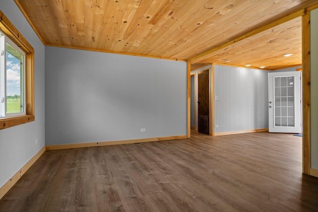 empty room featuring ornamental molding, hardwood / wood-style floors, and wood ceiling