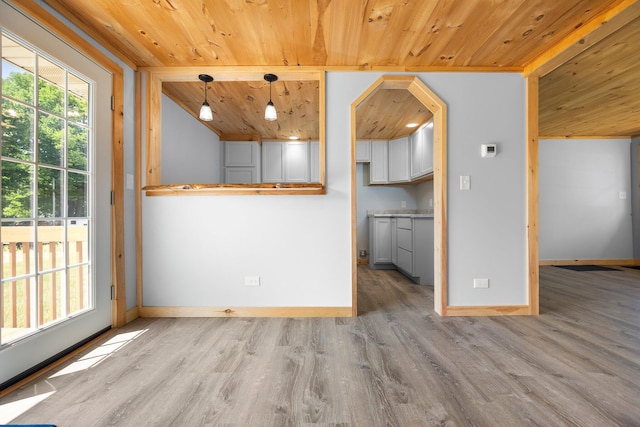 unfurnished living room with wood ceiling and light hardwood / wood-style flooring