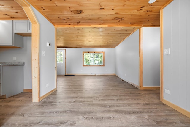 bonus room featuring vaulted ceiling, wooden ceiling, and light hardwood / wood-style floors