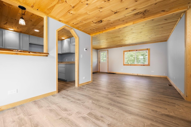 unfurnished living room with lofted ceiling, wooden ceiling, and light hardwood / wood-style floors