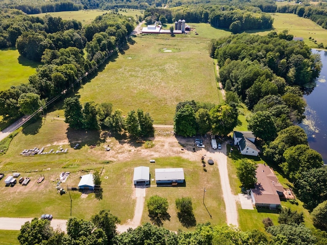 aerial view featuring a water view and a rural view