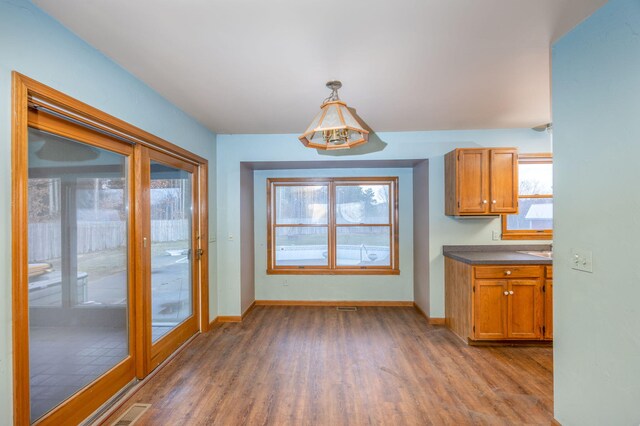 kitchen featuring french doors, decorative light fixtures, hardwood / wood-style flooring, and a healthy amount of sunlight