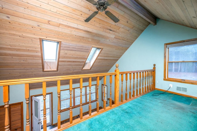 additional living space with carpet floors, lofted ceiling with skylight, ceiling fan, and wooden ceiling