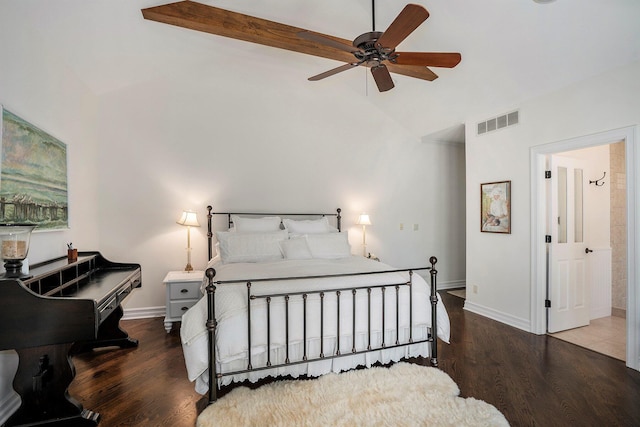 bedroom with vaulted ceiling with beams, dark wood-type flooring, and ceiling fan