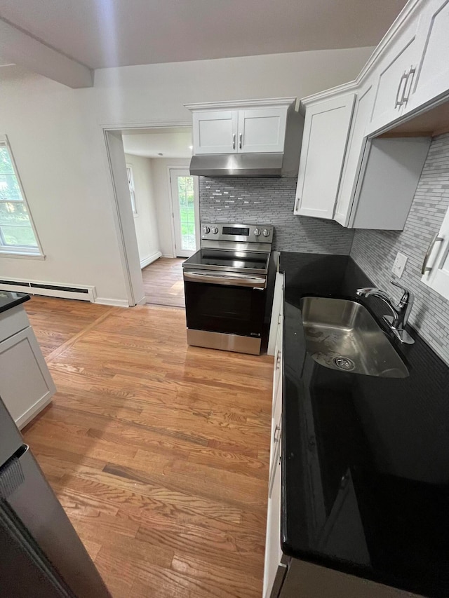 kitchen with white cabinetry, tasteful backsplash, stainless steel range with electric cooktop, sink, and light hardwood / wood-style floors