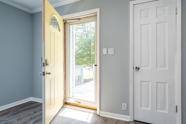 entryway featuring ornamental molding and dark hardwood / wood-style flooring