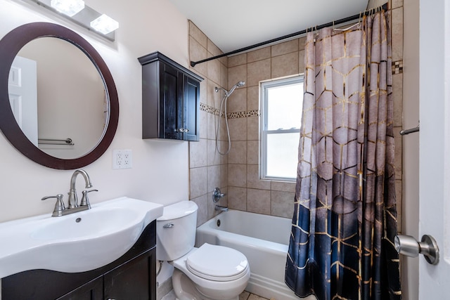 full bathroom featuring shower / bath combination with curtain, vanity, and toilet