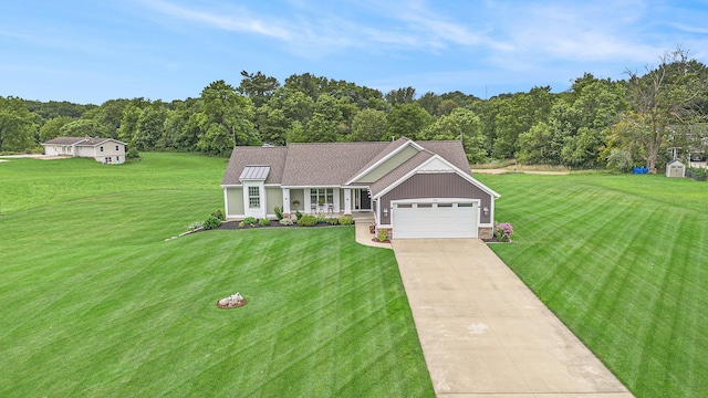 ranch-style house with a garage and a front yard