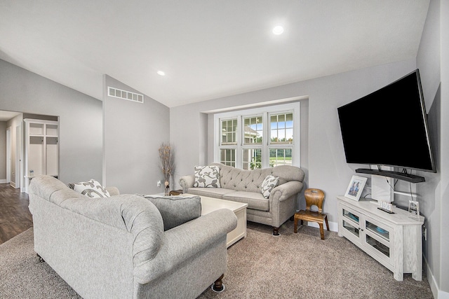 living room with visible vents, recessed lighting, baseboards, and lofted ceiling