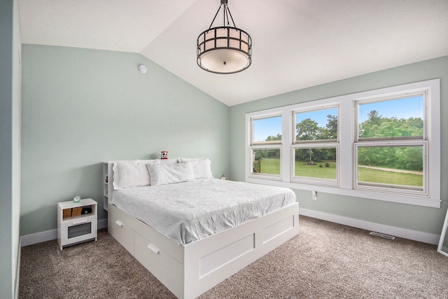 bedroom with carpet and lofted ceiling