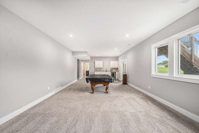 rec room with visible vents, light carpet, recessed lighting, pool table, and baseboards