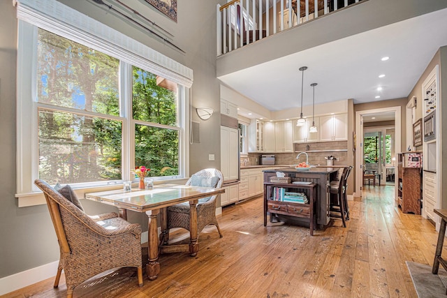 dining space featuring sink and light wood-type flooring