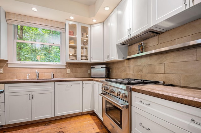 kitchen with white cabinetry, sink, stainless steel range, and light hardwood / wood-style flooring