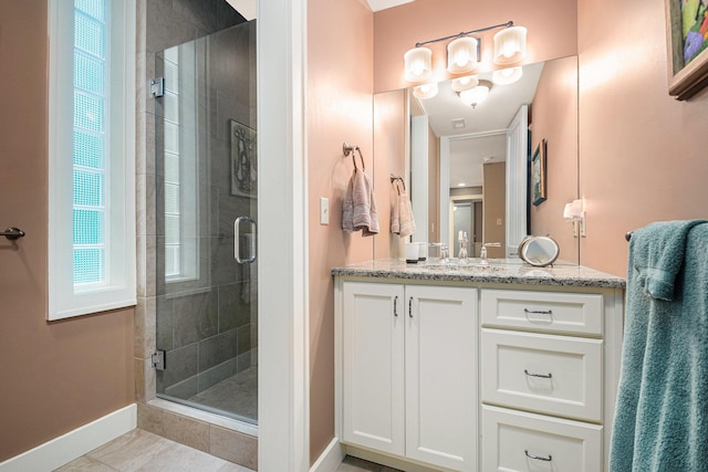 bathroom featuring vanity, tile patterned floors, and a shower with door