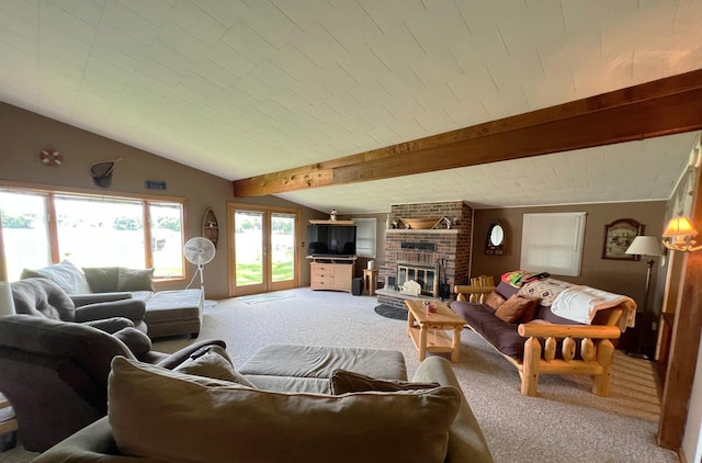 living room featuring a brick fireplace, vaulted ceiling with beams, and carpet flooring