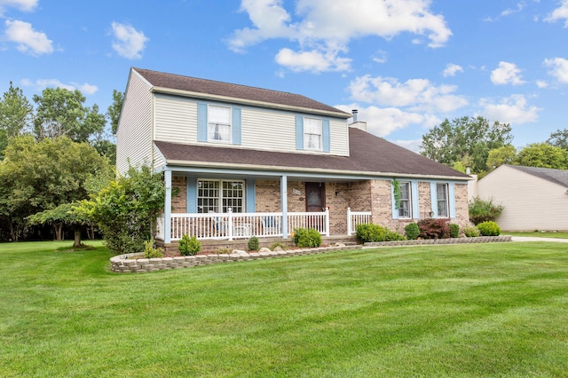 view of front of home featuring covered porch and a front lawn