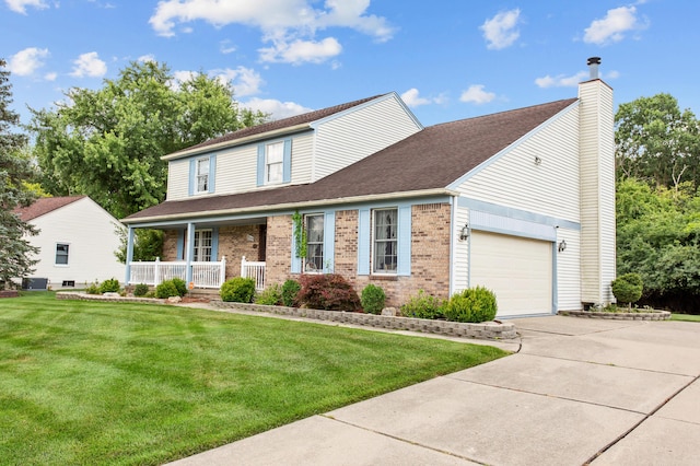 view of front of house with a porch, a garage, and a front lawn