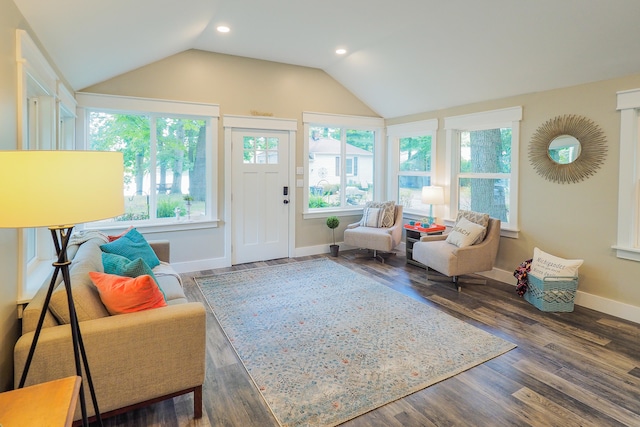 living room featuring hardwood / wood-style flooring and lofted ceiling