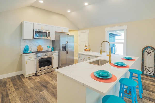 kitchen featuring stainless steel appliances, lofted ceiling, dark hardwood / wood-style flooring, and sink