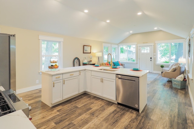 kitchen with lofted ceiling, white cabinetry, stainless steel appliances, hardwood / wood-style flooring, and sink