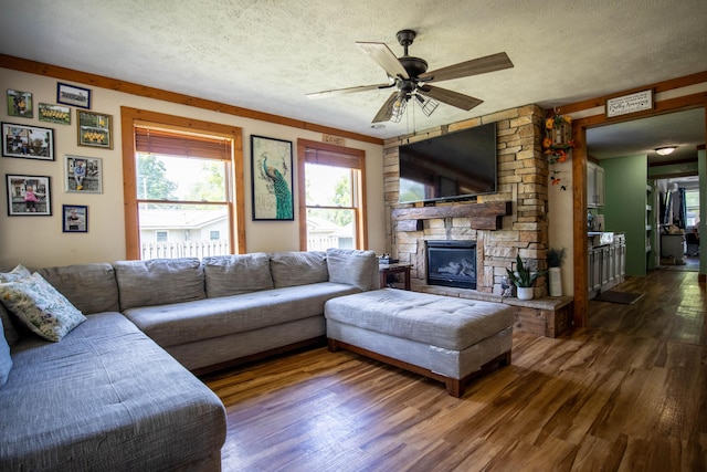 living room with a stone fireplace, dark hardwood / wood-style floors, ceiling fan, crown molding, and a textured ceiling