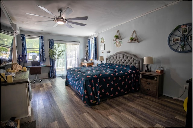 bedroom featuring dark wood-type flooring, ceiling fan, crown molding, and access to outside