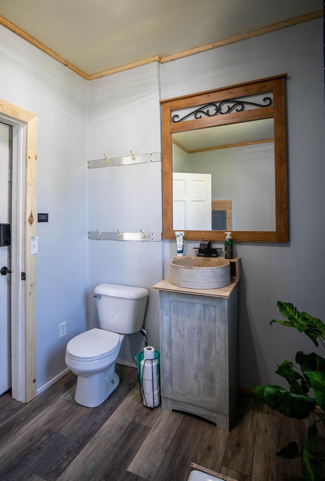 bathroom with hardwood / wood-style flooring, vanity, and toilet