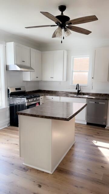 kitchen with appliances with stainless steel finishes, sink, light wood-type flooring, and white cabinets