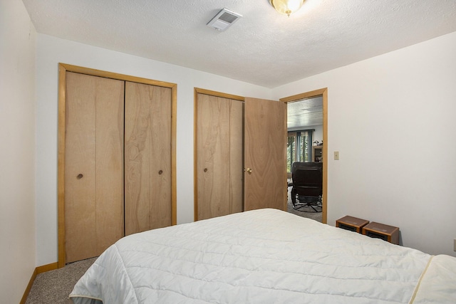 bedroom featuring carpet, baseboards, visible vents, a textured ceiling, and two closets