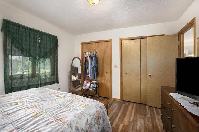 bedroom with wood finished floors, two closets, and a textured ceiling