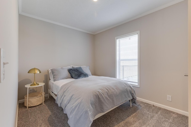 carpeted bedroom featuring ornamental molding