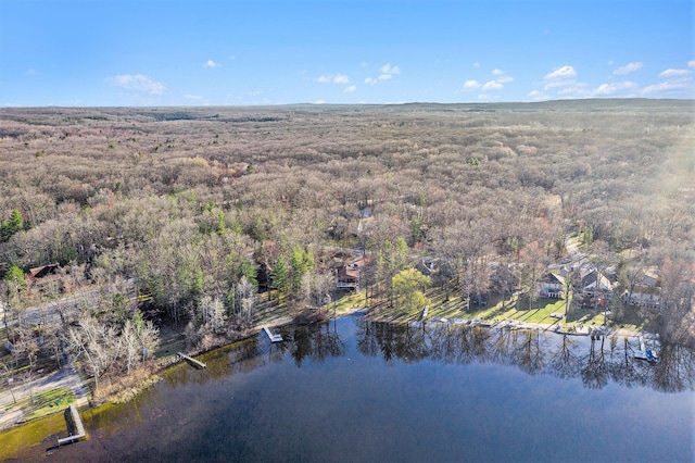 birds eye view of property featuring a forest view and a water view