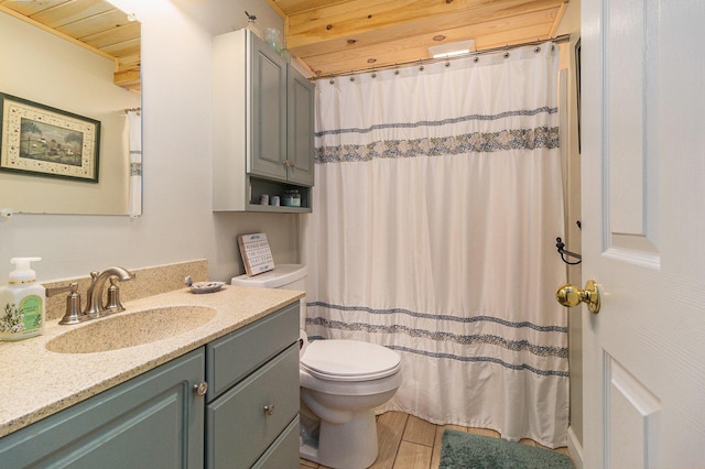 bathroom featuring wooden ceiling, vanity, toilet, and wood finished floors