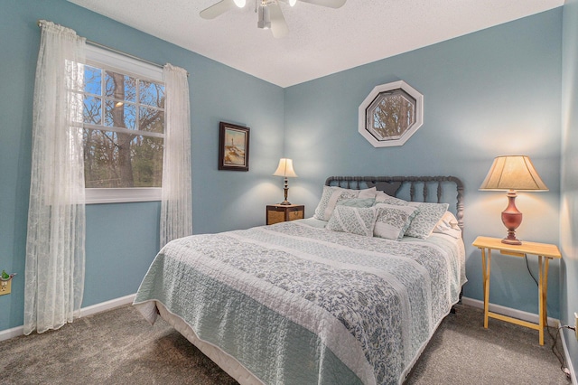 bedroom featuring a ceiling fan, baseboards, and carpet flooring