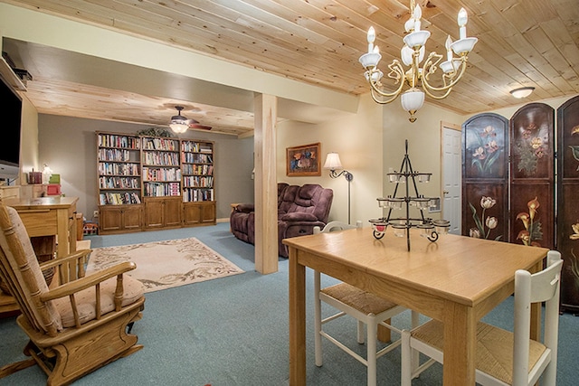 interior space with wood ceiling and a ceiling fan